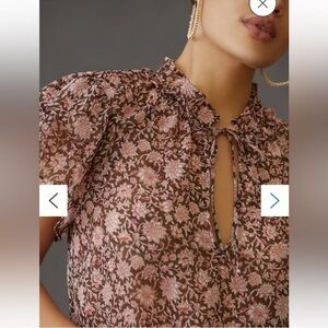 Anthropologie Floral Keyhole Blouse - Pink and Brown